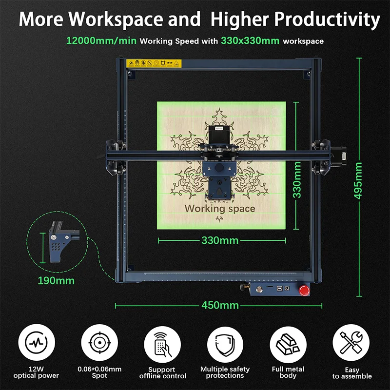 Grabador láser CNC de 6W/12W para teléfono y WiFi USB/aplicación/mesa en línea Woodwoker Metal vidrio acrílico láser corte máquina de grabado