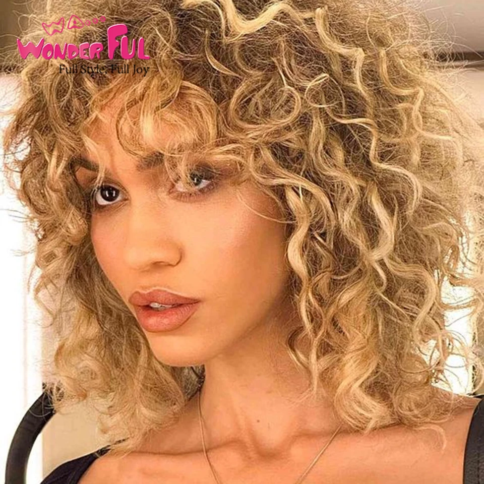 

Highlight Short Bob Curly Wig with Bang Ombre Mix Brown Wonderful Brazilian Remy Human Hair Wig Natural For Black Women