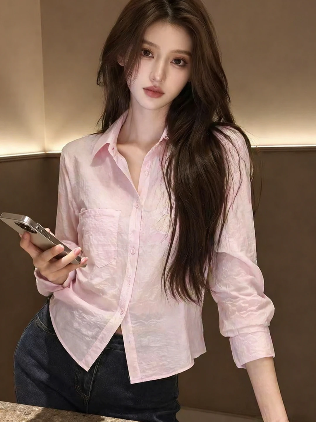 

Lightweight Chiffon Shirt Women's Collar Half Sleeve Summer Fashionable Straight Cut Silk Top Korean Style Commute Wear