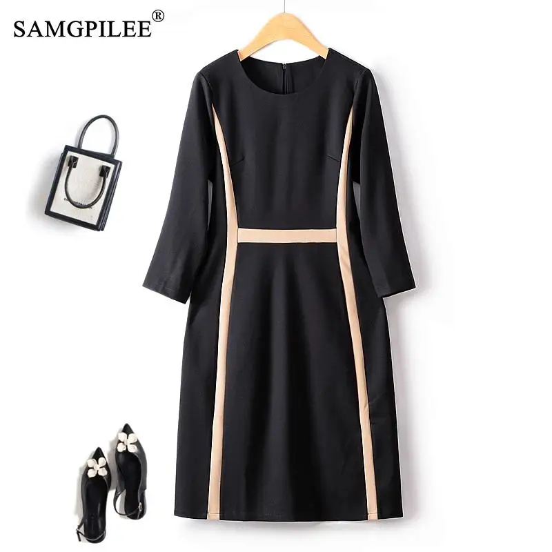 

Elegant Dresses For Women 2023 Autumn Winter New Casual Fake Two Piece Slim High Waisted Contrasting Color Patches Female Dress