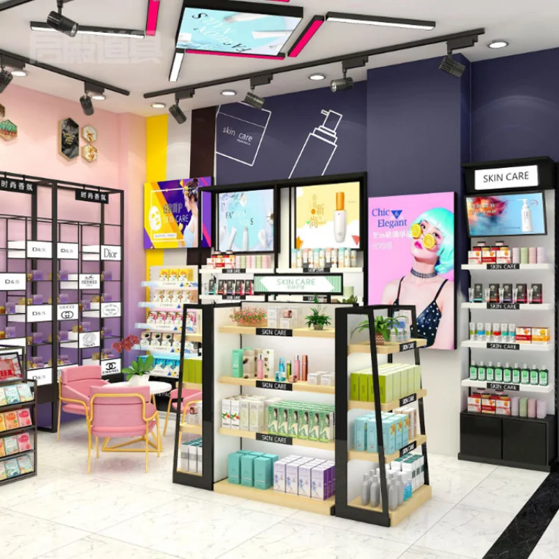 custom.High Quality Customized Wooden Makeup Skincare Display Shelves Cosmetic Store Shelf Display Stands