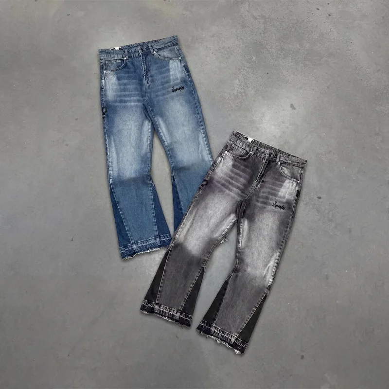 

Джинсы Y2K Rummy Flared: ретро-стиль, из выстиранного хлопка, с эффектом потертости, облегающие, в американском хип-хоп стиле, Harajuku, унисекс, с пэчворком, микро-клеш