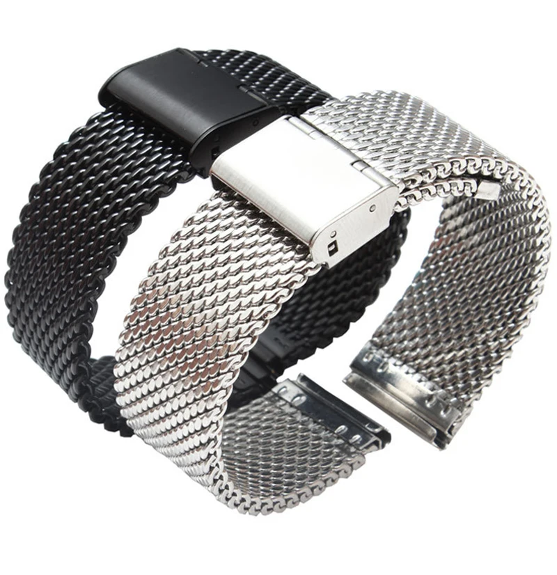 SACOSDING 316L 스테인리스 스틸 시계 메쉬 스트랩, 안전 버클, 솔리드 시계 스트랩, 고품질 메쉬 벨트, 18mm, 20mm, 22mm, 블랙
