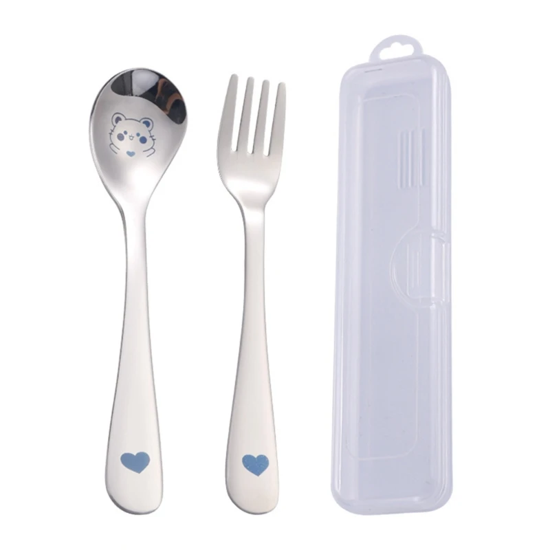 Baby Spoon Fork Set with Case Stainless Steel Self-Eating Child Utensil Cutlery