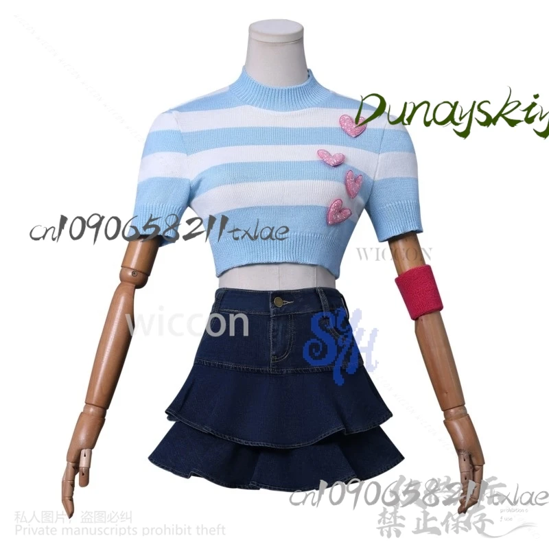 Anime Win Clubb Cosplay Bloom Costume Jirai Kei Girls Retro Striped Knitted Heart Lovely Short Sleeve T-Shirt Mini Dress Cos
