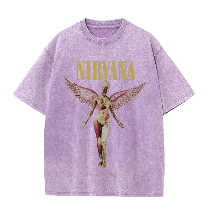 Vintage schwarzes Nirvana T-Shirt mit In Utero Angel Grafik, Acid Wash, Oversized-Schnitt