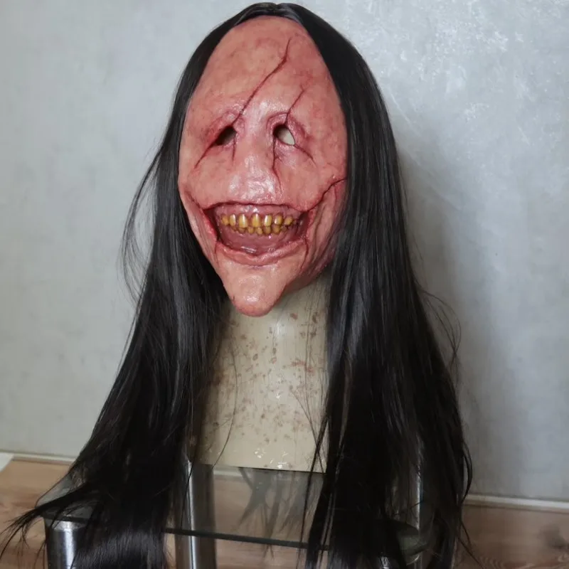 Scary Mask for Men Women Creepy Devil Mask with Long Hair Latex Ghost Evil Scream Mask for Cosplay Party Halloween Costumes Prop