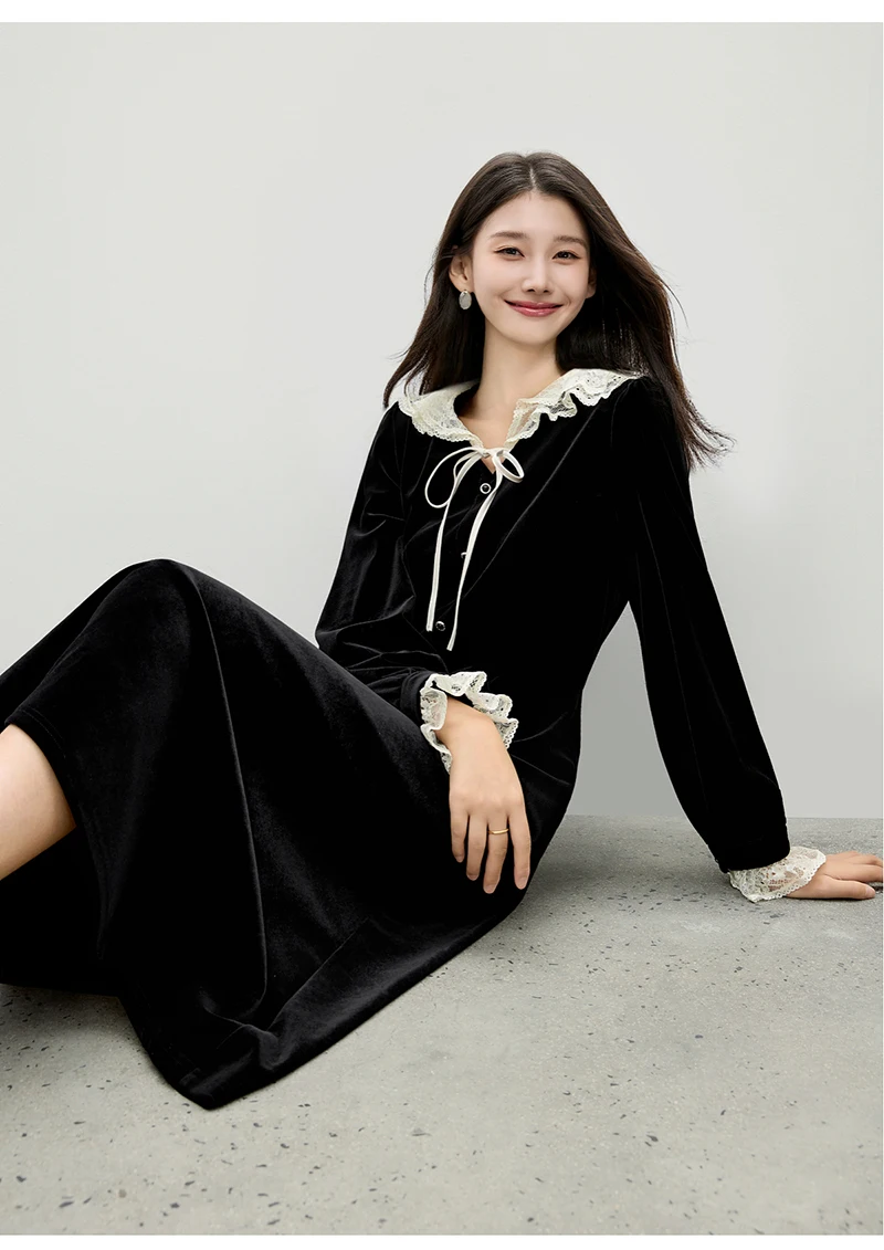 Sukienka damska Fengbaoyu z luksusowego jedwabiu aksamitnego z koronkowym wykończeniem, styl Hébó, elegancka, pełna wdzięku, francuska retro romantyczna sukienka codzienna.