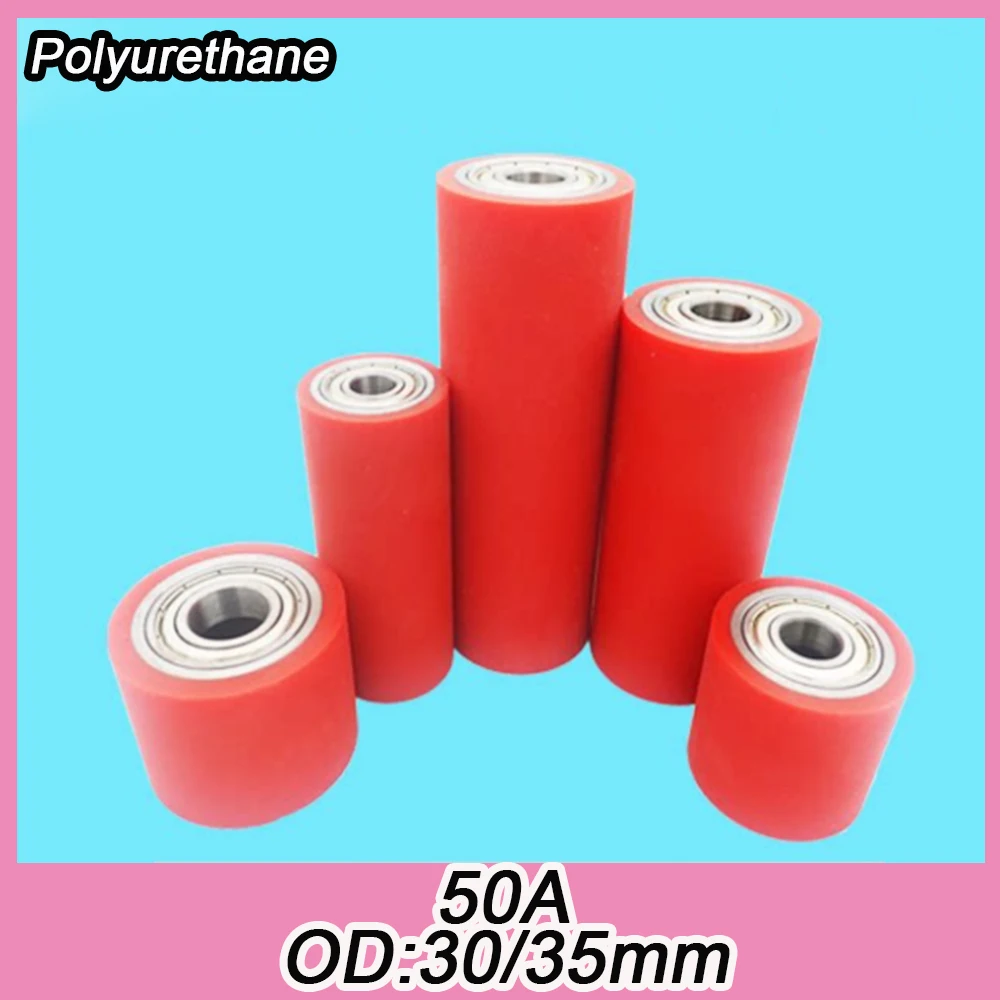 1pcs 50A Polyurethane Red Coated Wheels with PU Double - Bearing Unpowered Rollers Wear - Resistant Rubber Rolls OD 30/35mm