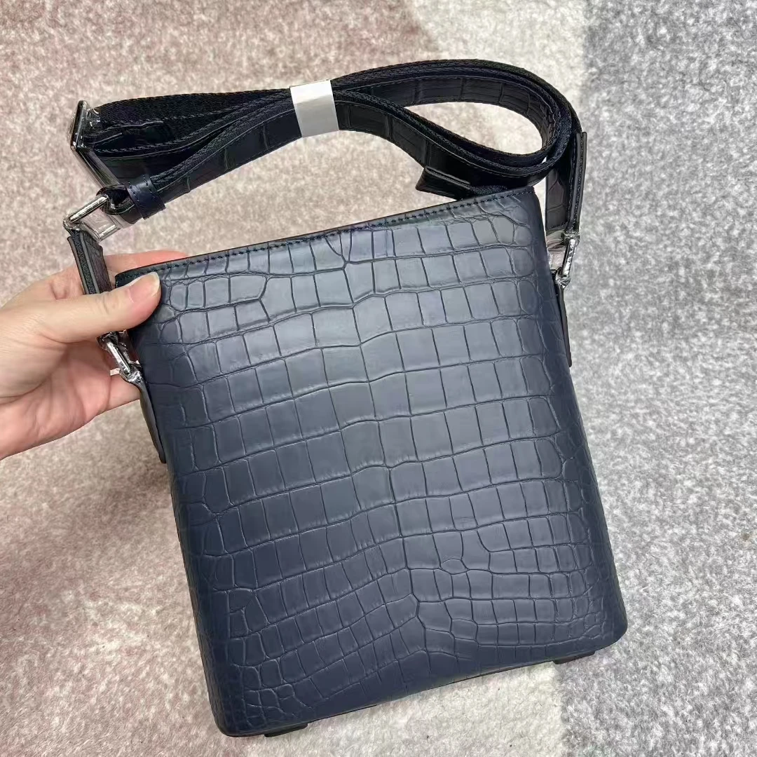 Dark Blue color Luxury quality 100% genuine real crocodile leather belly skin men shoulder bag alligator skin cross body bag