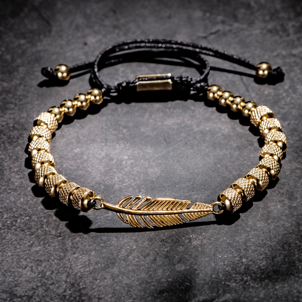 Hot Sale Trend Feather Shape Accessories Handmade Men\'s Beads Bracelet Stainless Steel Bracelet For Special Birthday Present