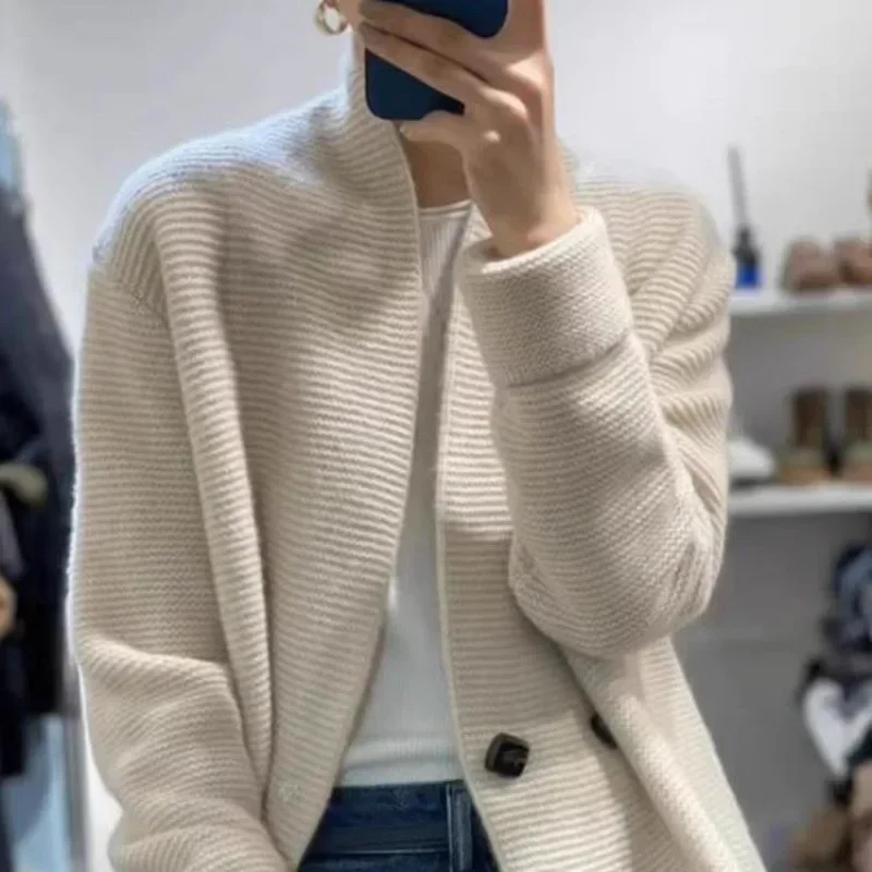 Autumn/winter New Knitted Top Jacket Elegant Loose-fit Slimming Ribbed Cardigan Sweater Women's V-neck Pullovers