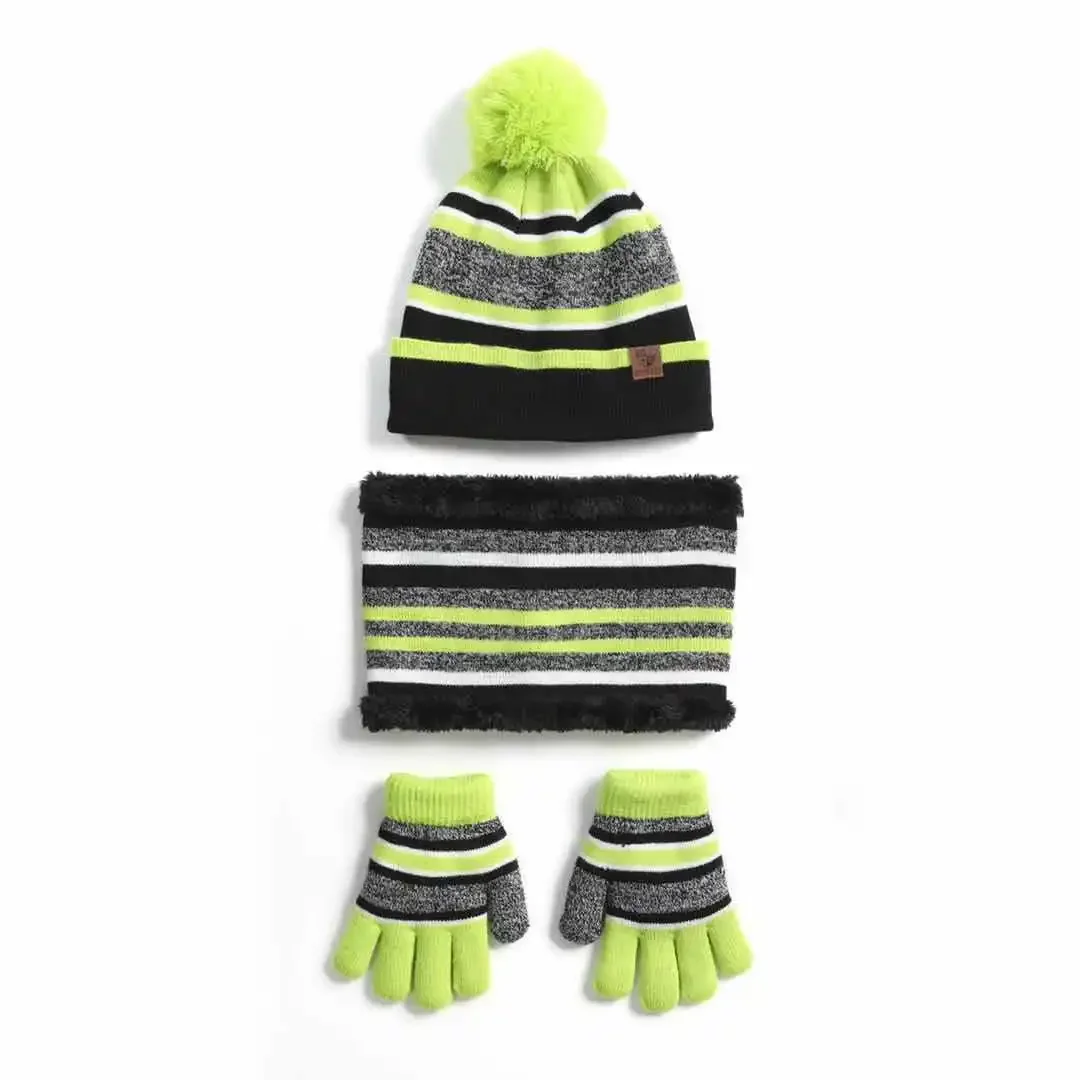 Kids Pompom Winter Beanie Hat Scarf Gloves Set Striped Knitted Boys Girls Fleece Lined Hat Children's Snood Cap 3pcs