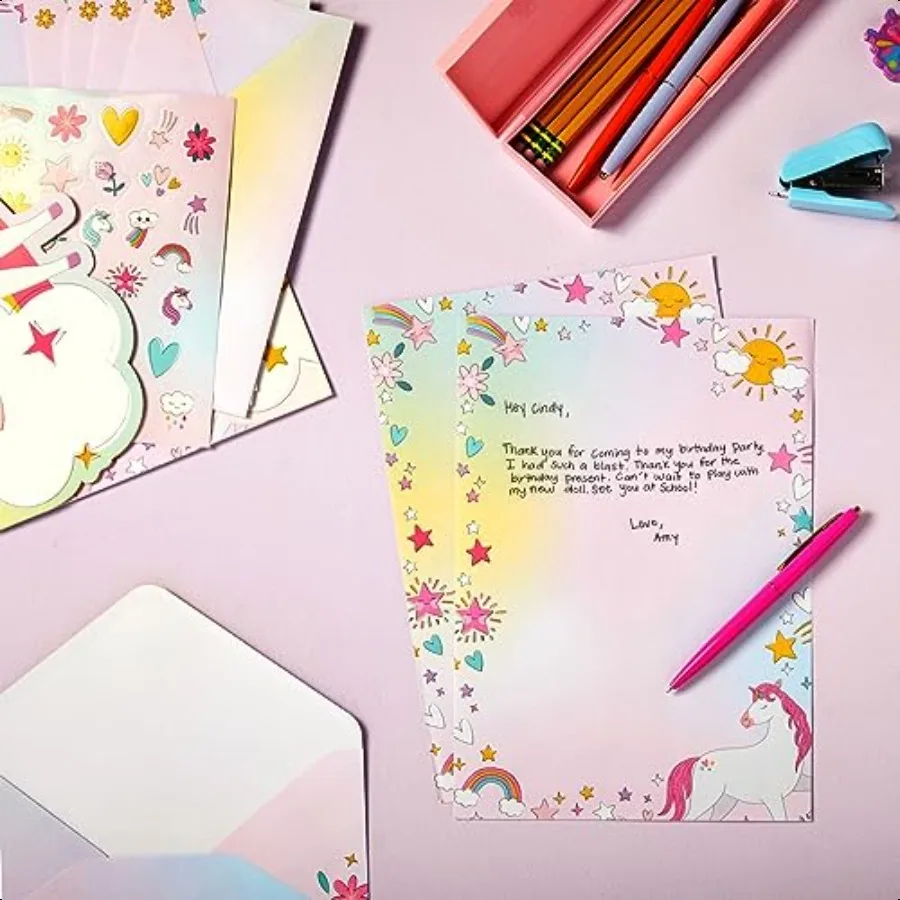طقم قرطاسية مكون من 92 قطعة للفتيات مع 60 ورقة قرطاسية و30 ظرفًا ورقة لاصقة مجلد الجيب 7.25 × 10.2 بوصة