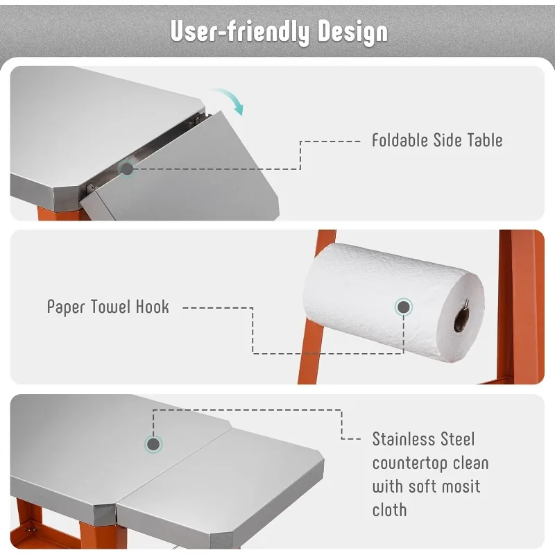 Carrinho de mesa para grelhar ao ar livre, mesa para forno de pizza com rodas, bancada de aço inoxidável com mesa de extensão dobrável