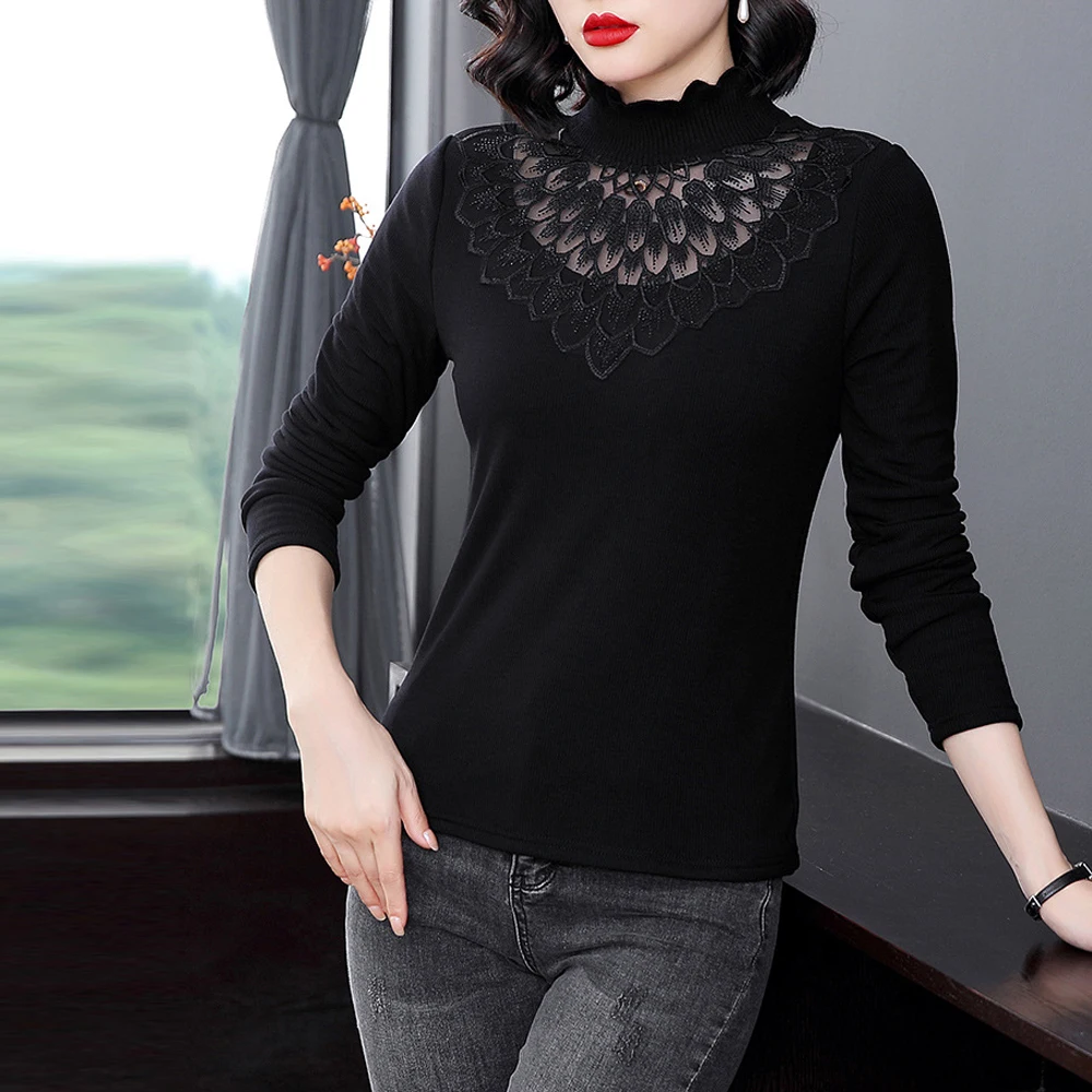 Neue Transparente Feder Blume Spitze Elastische T Shirt Bluse Frauen S-3XL Schwarz Weibliche Blusen Billiger Tops Lange Ärmel T-Shirt