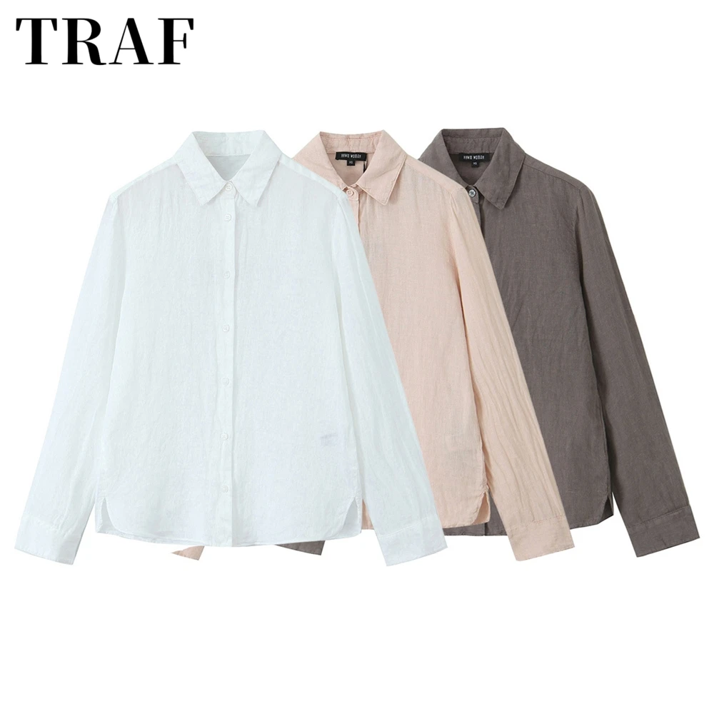 TRAF 24 Summer New Women\'s Wear Series Casual Breathable Solid Color Long sleeved Standing Neck Linen Shirt