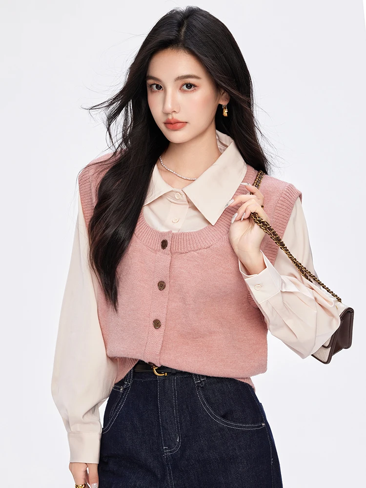 Fake Two-piece Sweater Autumn Winter Korean Loose Pullover Jumpers Knitted Shirt Patchwork Tops Temperament Commuting