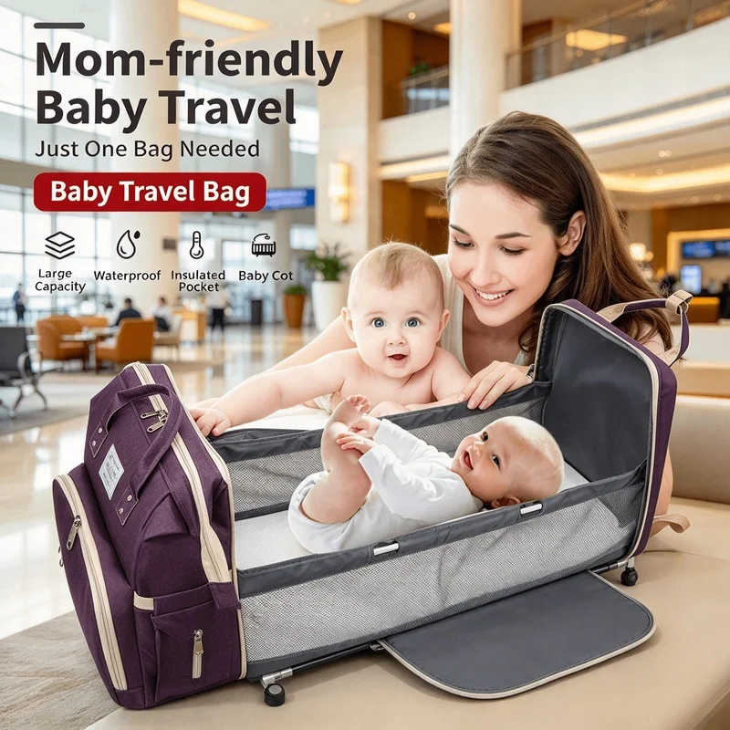 Baby Nursing Diaper Backpack, Large-Capacity Foldable Mommy Bag with Changing Mat for Baby Daily Supplies Storage