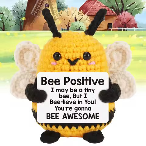 Mini Funny Crochet Positive Bee Handmade Plush Wool Knitting Dolls Emotional Support Desktop Decoration Ornament Christmas Gifts