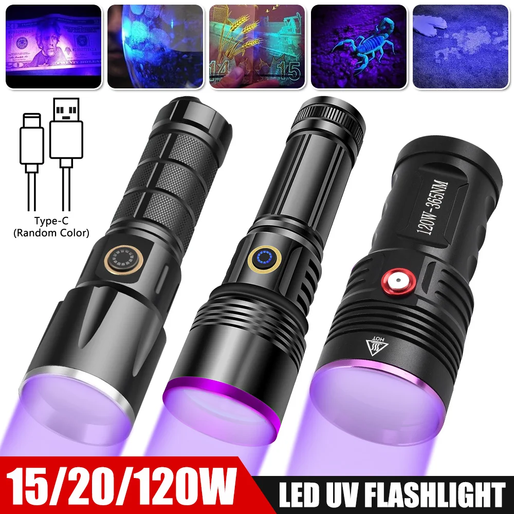 120W Powerful 365nm 6-CORE UV Flashlight Ultraviolet Blacklight USB Rechargeable Purple Lantern Carpet Pet Urine Stains Detector