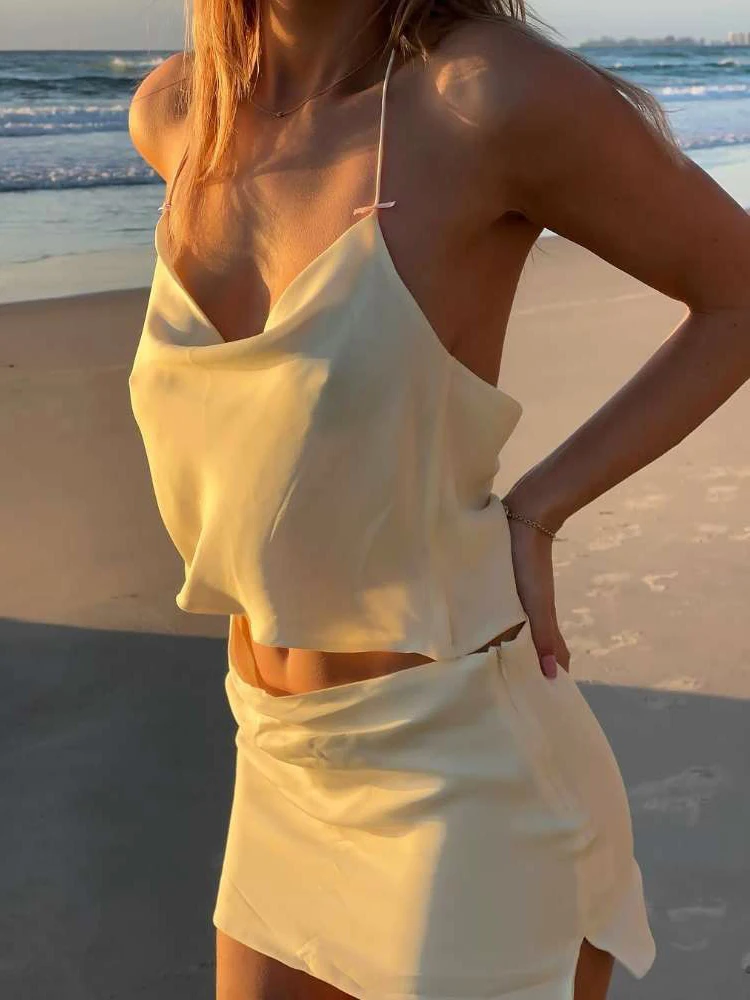 

kliou Concise Solid Matching 2 Piece Set Silky Halter Bandage Backless Crop Tanks+Mini Hip Skirts Female Beach Swim New Outfits