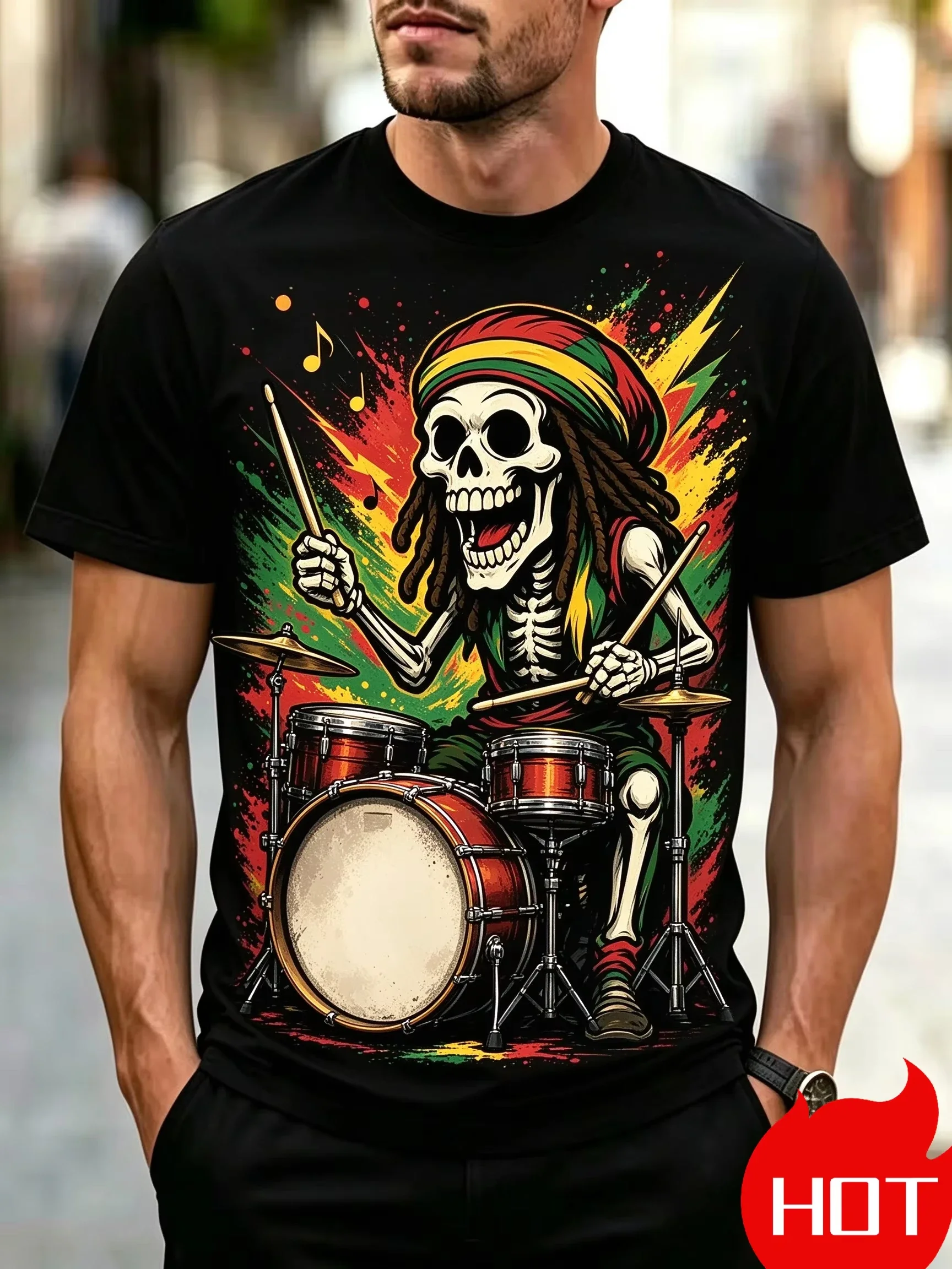 Vintage Reggae Music Style Men Short Sleeve T‑Shirt Dreadlocks Skull Graphic Print Hip‑Hop Street Casual Oversized Tees