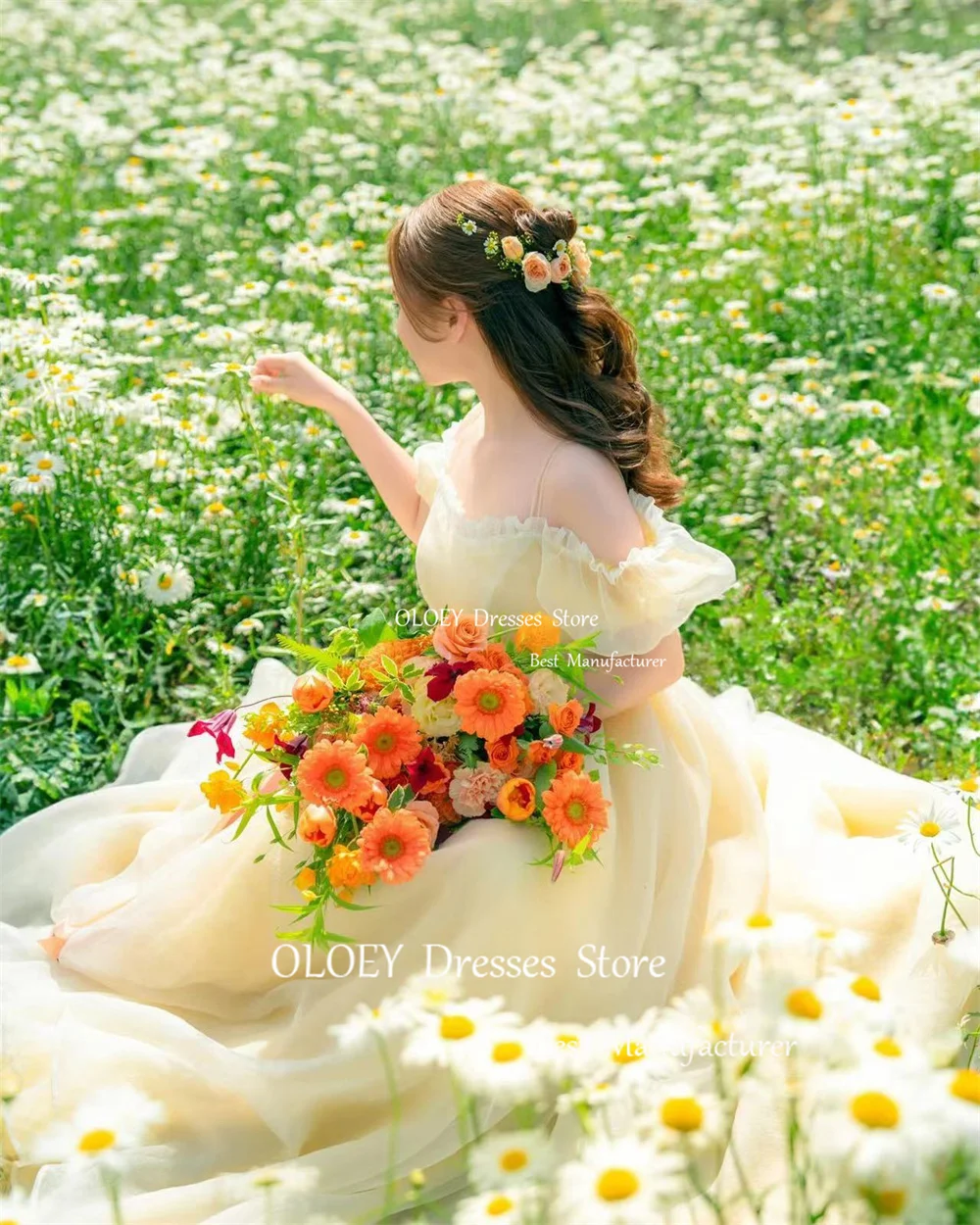 OLOEY Princess giallo chiaro a-line abiti da sposa in Organza corea servizio fotografico al largo della spalla abito da sposa lungo fino al pavimento