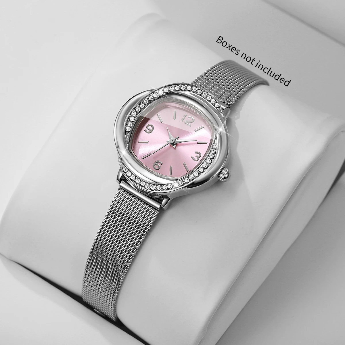 Fashion Rhinestone Women Quartz Watch Pink Dial Silvery Mesh Strap Ladies Dress Wristwatches Clock Relogio Feminino（Without Box）