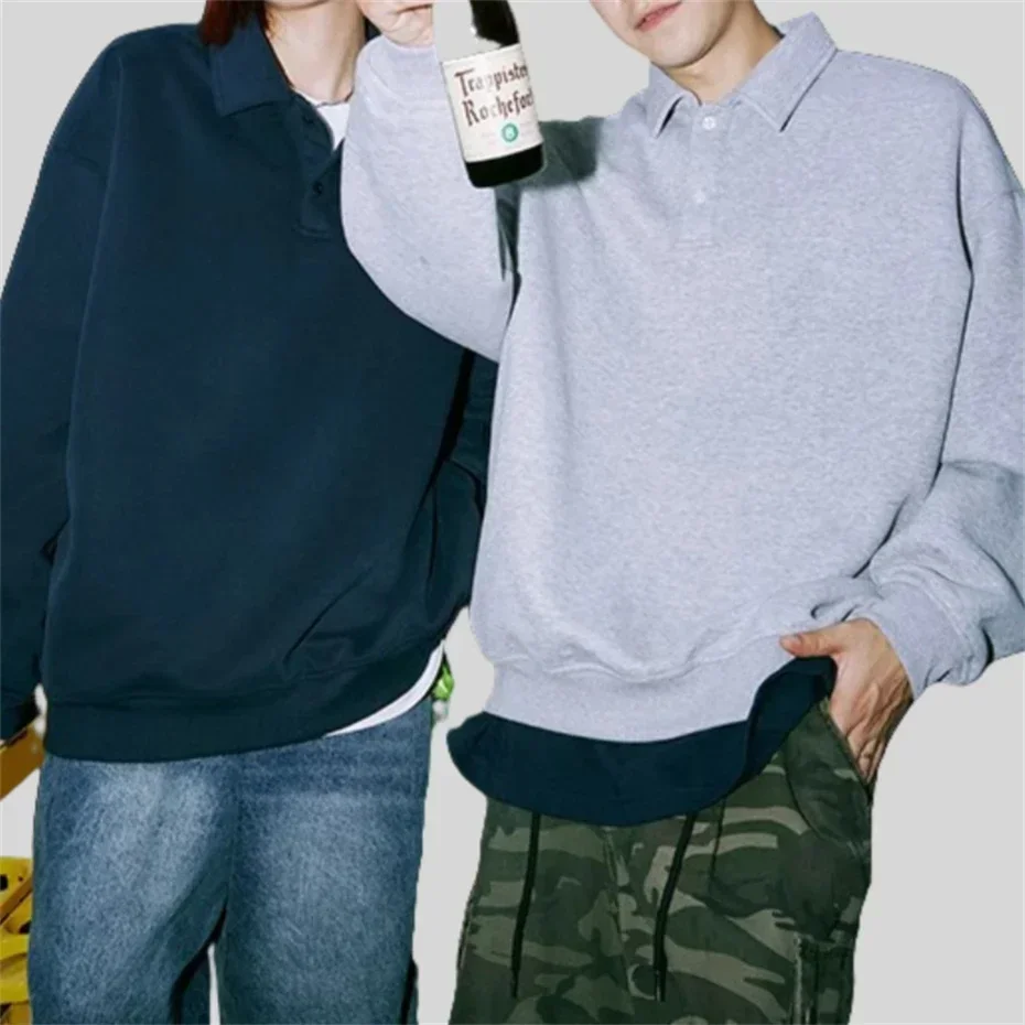 Retro Sweatshirts Men Fashion Loose Casual Pullover Solid Color Sweatshirt Mens Turn Down Collar Streetwear Couple