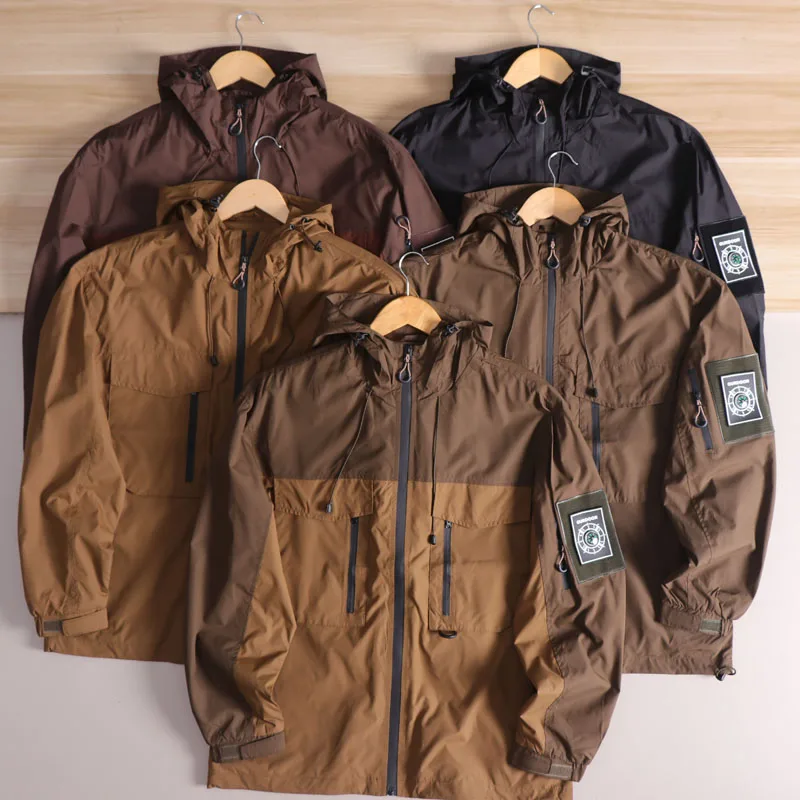 

American Sle Outdoor Tee-Proof Jaet Men's New Loose Multi-ket Workwear Coat Trendy Hooded Waterproof Polyester Fiber