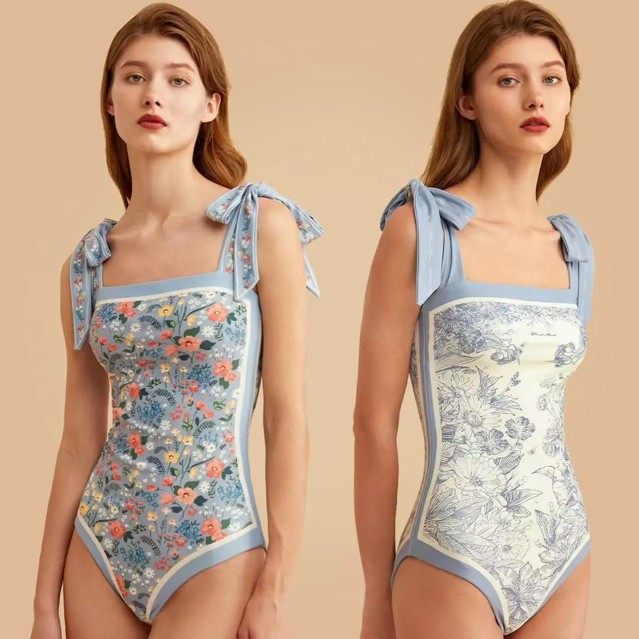 Retro Floral One-Piece Bandeau Tie Strapless Summer Swimsuit Double-Sided Reversible Swimwear Lined Beach Bathing Suit