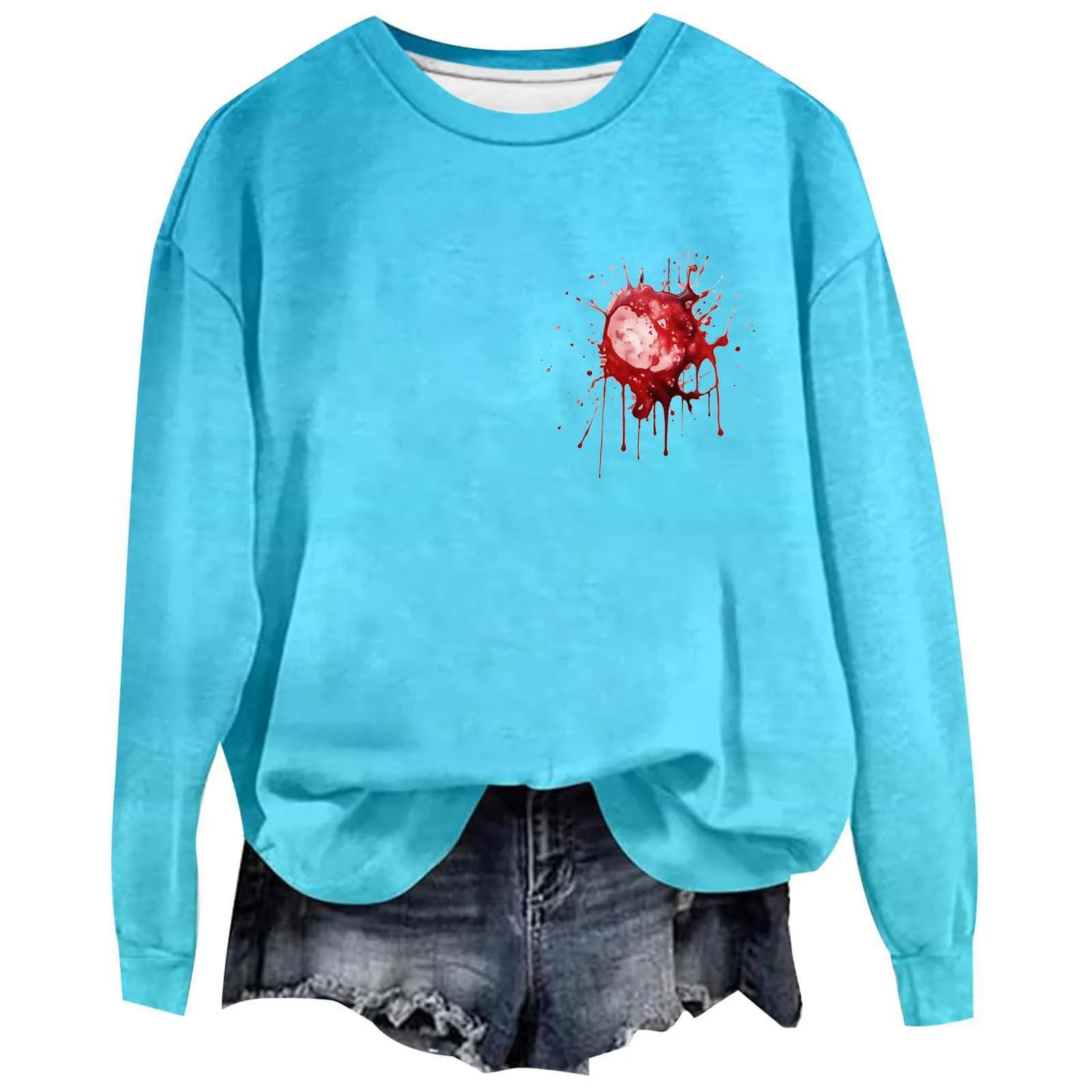 

Women's Halloween Theme Sportswear Bloody Shirt Long Sleeved Solid Color Round Neck Halloween Pullover Sweatshirt Casual Top