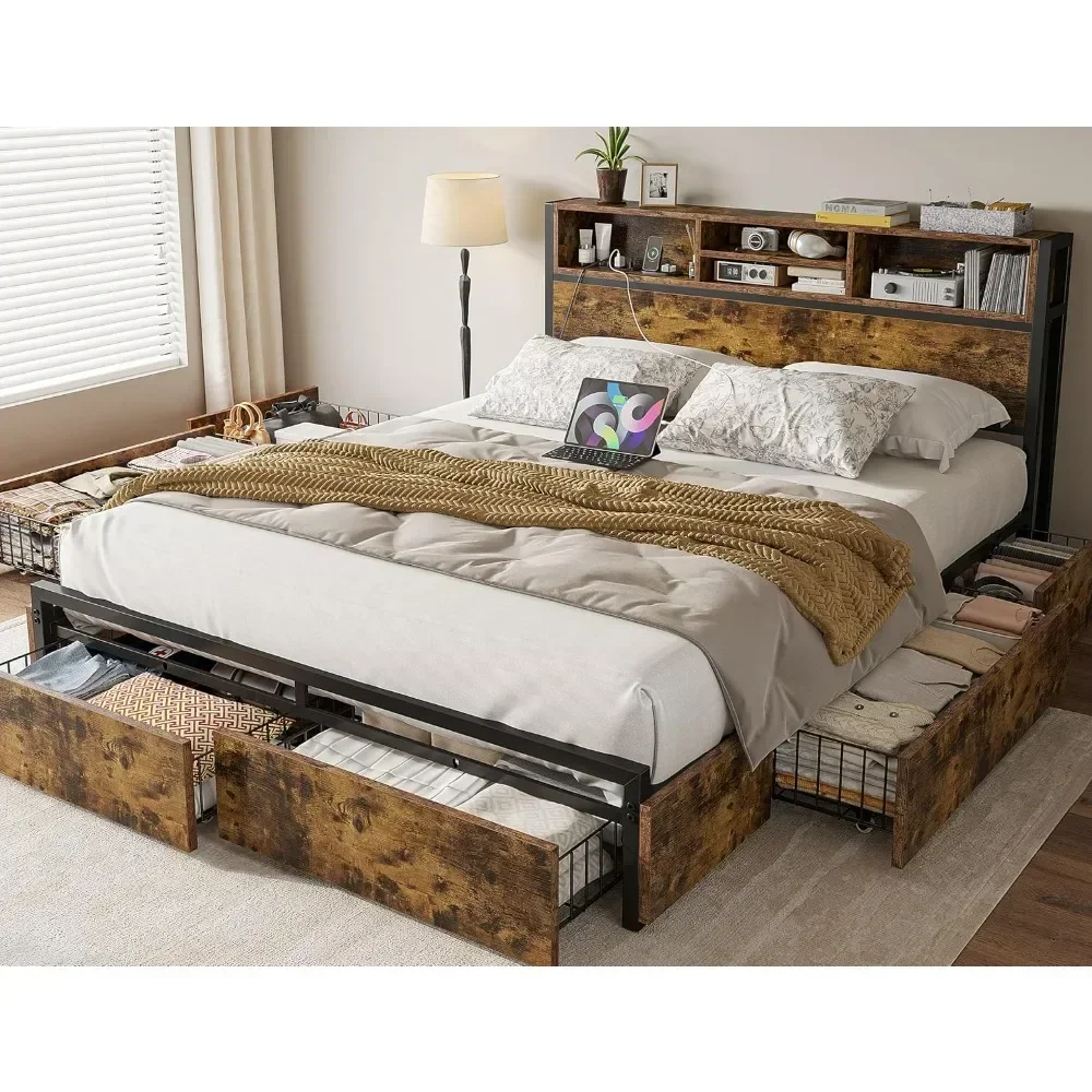 Bed Frame with Storage Drawers Bed Frame with Headboard，Charging Station Bed Frame with Storage No Noise