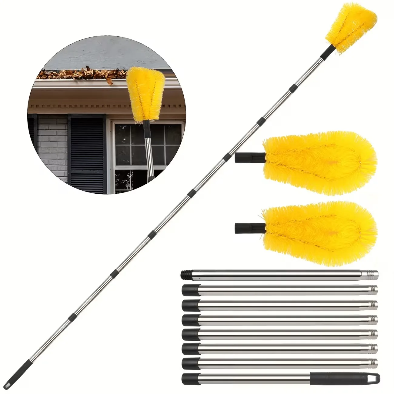 Gutter Cleaning Tool with Telescoping Pole,Long Reach Extendable Wand,Outdoor Brush for Leaves Debris Snow Removal,Ground Rain