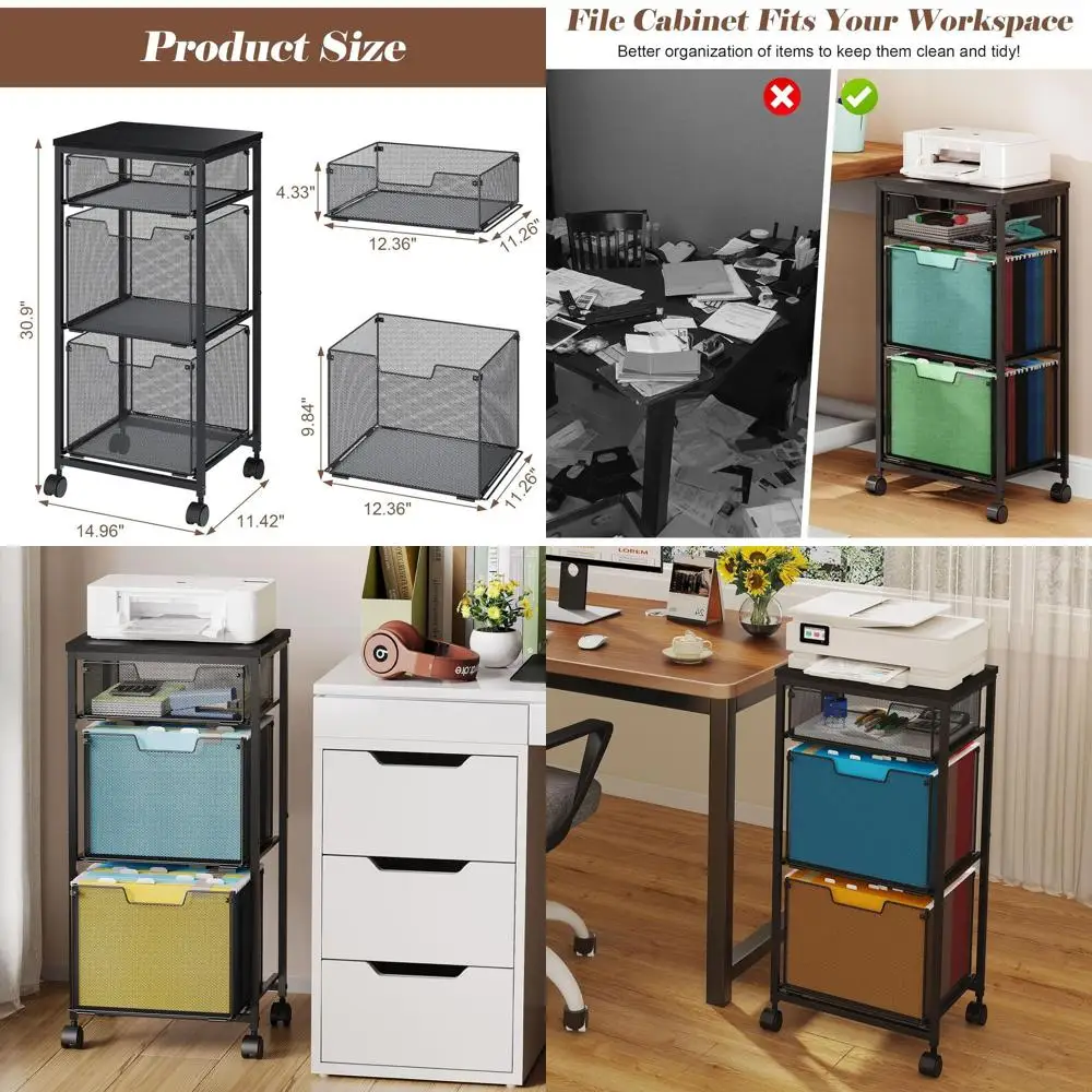 Black Rolling 3-Drawer File Cabinet for Home Office, Lockable, with Hanging Folders and Printer Stand