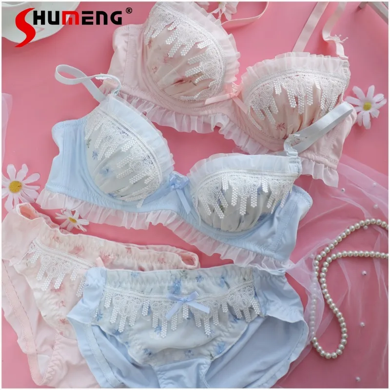 

Push Up Women's Sweet Bra Set Japanese Style Embroidered Thin Intimates Female Ruffled Strap Sweet Cute Underwear Brief Suits