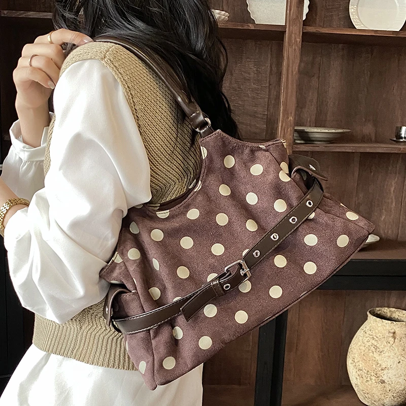 Fashion Polka Dots Underarm Shoulder Bags For Women PU Suede Belt Design Large Capacity Shopper Totes 2026 New Commuter Handbags