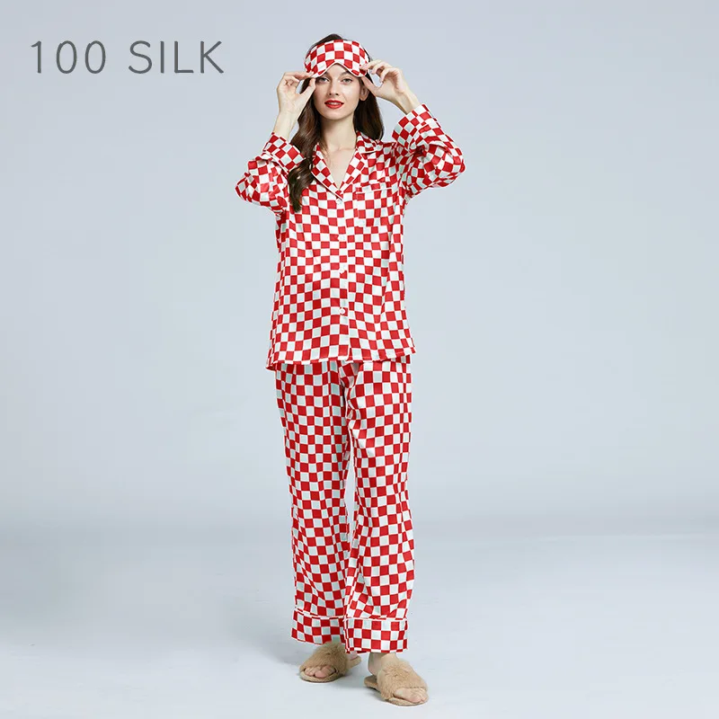 Long Sleeve 19 Momme 100% Mulberry Silk Pajamas Casual Night Wear Women's Plaid Printed Pajama Set Silk Femme Casual Homewear