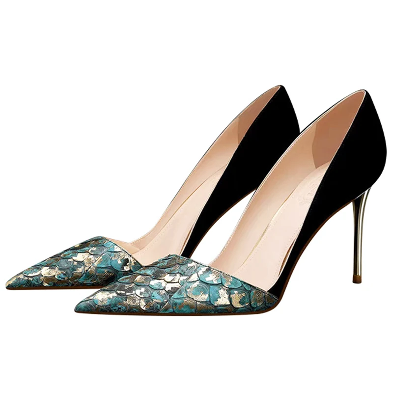 Chaussures à talons hauts en cuir noir et vert pour femmes, escarpins à talons fins en daim à tête pointue, chaussures de fête Stiletto peu profondes, 10cm