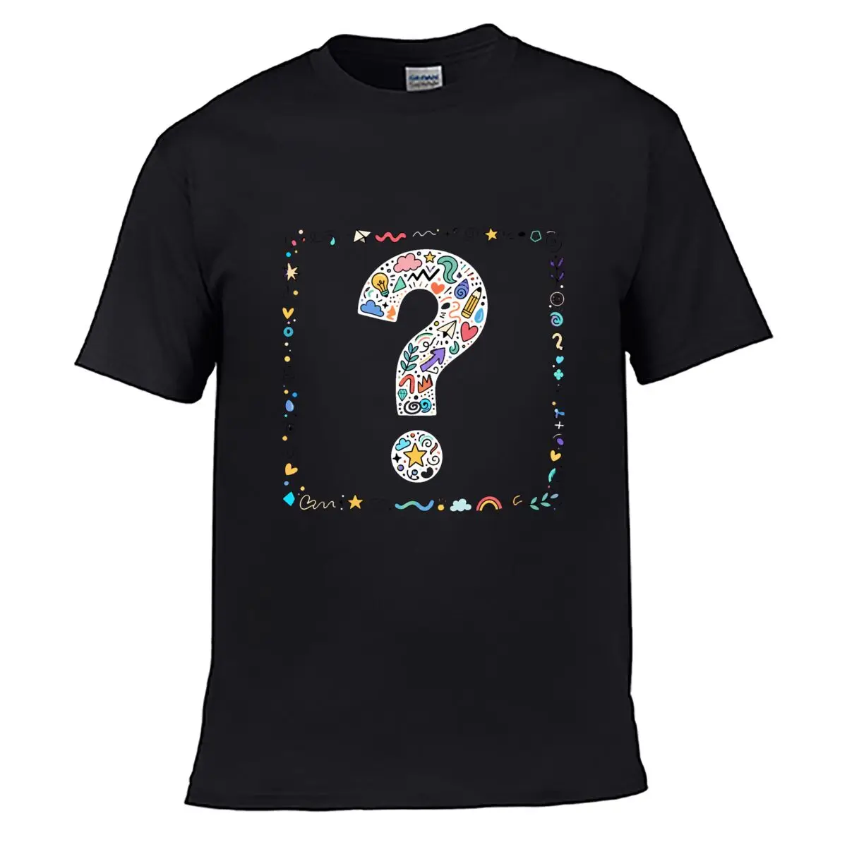 Colorful Doodle Question Mark Compos Loose Vintage Distressed Washed Casual Tee