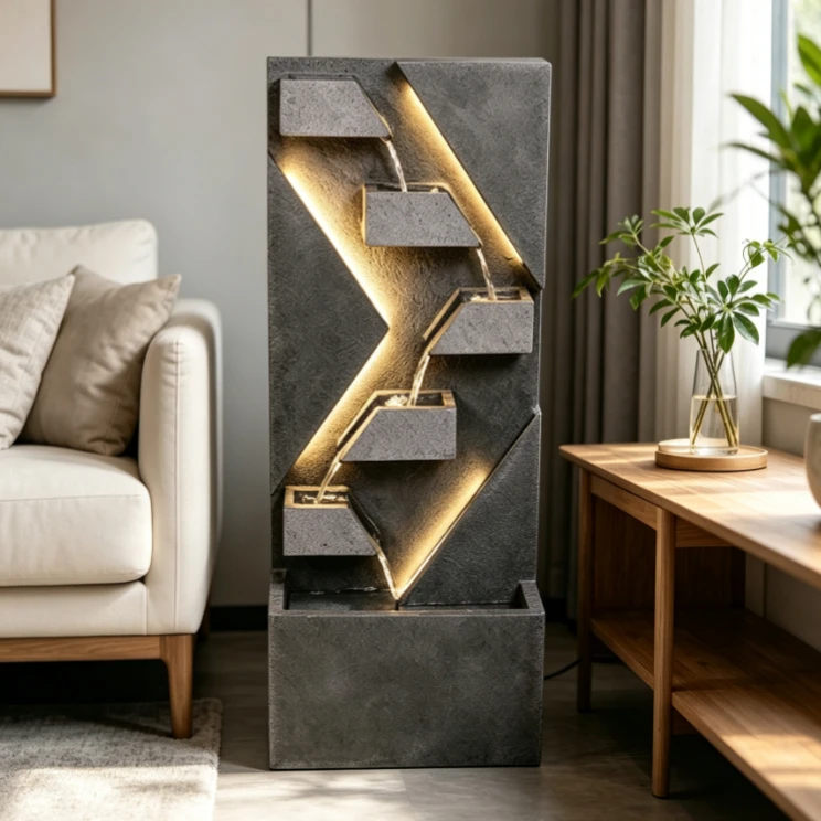 Modern Cascading Water Feature Freestanding Stone‑Textured Fountain Decor for Patio Courtyard Lobby Commercial Space