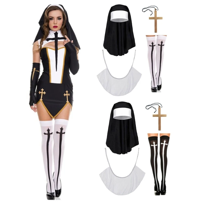 634C 2/3/4 Halloween Nonne Kostüm Zubehör Nonne Kreuz Anhänger Halskette Kreuz Oberschenkel Hohe Socke für Halloween Cosplay