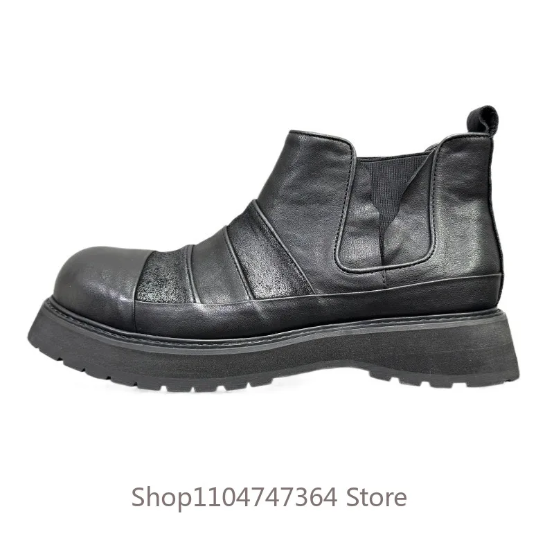 Vintage Cowhide Patchwork Design Casual Chelsea Boots Men's Platform Shoes Genuine Leather Outdoor Thick Soled Ankle Boots