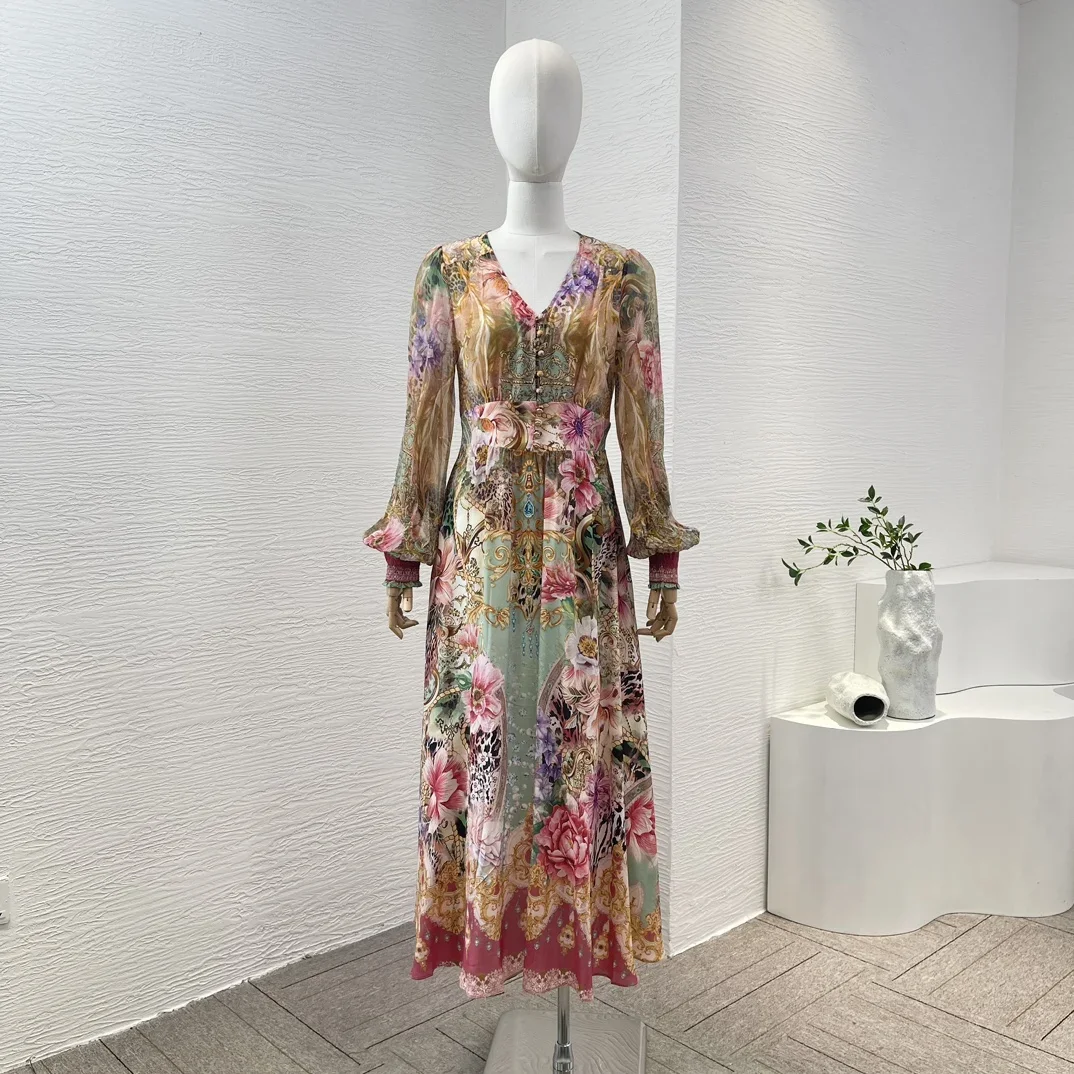 

Worldcloset Green Golden Pink Flowers Print Long Sleeve V-Neck Vintage Midi Dress New High Quality