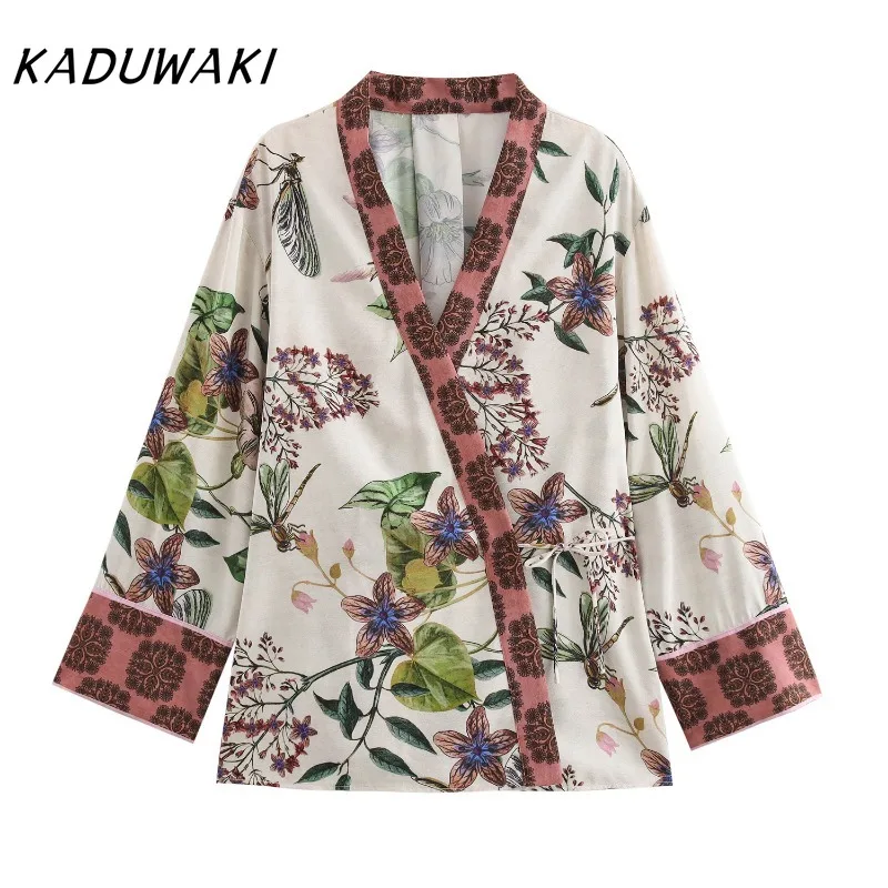 KADUWAKI Japanische Mode Retro Blumendruck Kimono Top Lässige Gerade Lose Hose Herbst Urlaub Set Ensemble Femme 2-teilig Été