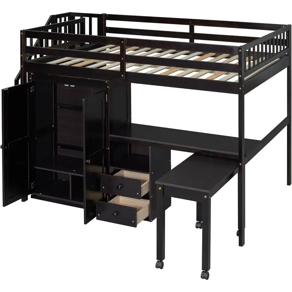 Solid Wood Loft Bed with Desk, Wardrobe, and Storage Stairs - Safety Rails Included for Kids, Teens, and Adults - No Box Spring