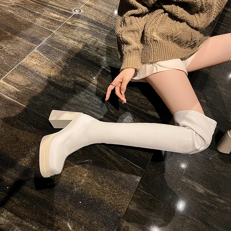 أردن فورتادو الخريف الأبيض براءات الاختراع والجلود منصة نحيل الأحذية ساحة تو الجانب سستة سوبر عالية الكعب فوق الركبة الأحذية #3