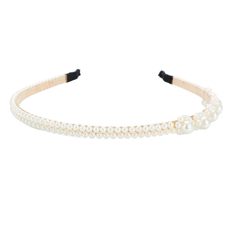 European and American Fashion Pearl Chain Artistic Headband for Women Hoops Hand Wrapped Bead Hair Accessories Metal Narrow Hoop