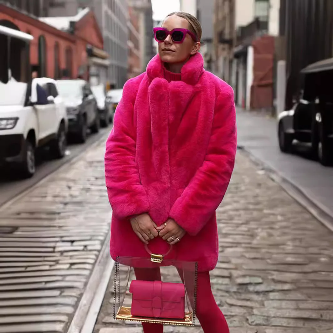 New Colorful Faux Fur Plush Warm Loose Thick Lapel Women's Coat 4